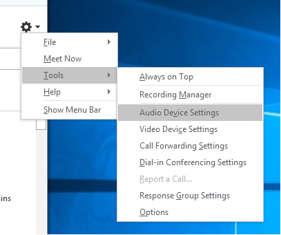 Image of navigating to the Audio Device Settings in Skype for Business
