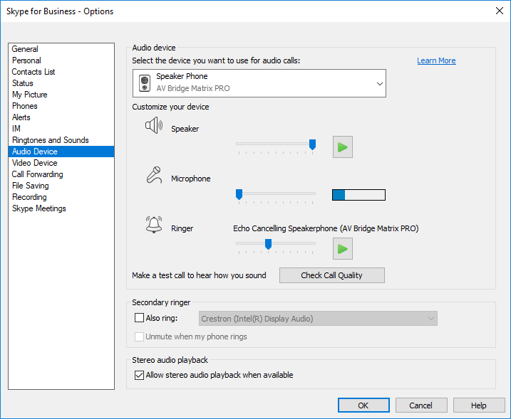 Image of Audio Device Settings in Skype for Business with correct settings