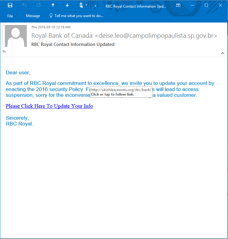 Sample of a phishing email with a false notice and link