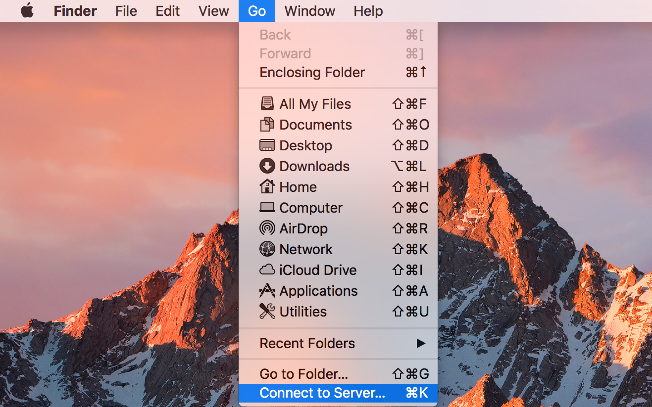 Screen capture of where to find Connect to server under Finder Go menu