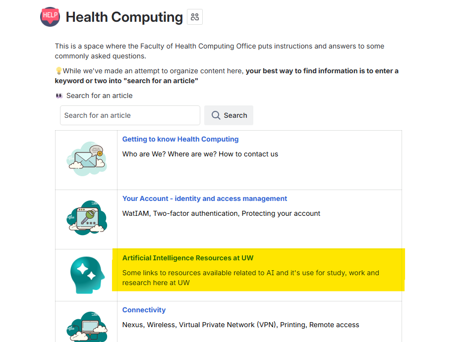 Screen capture of the Health Computing page with the AI section highlighted