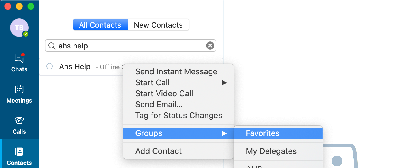 Screenshot of adding a contact to the Favorites group