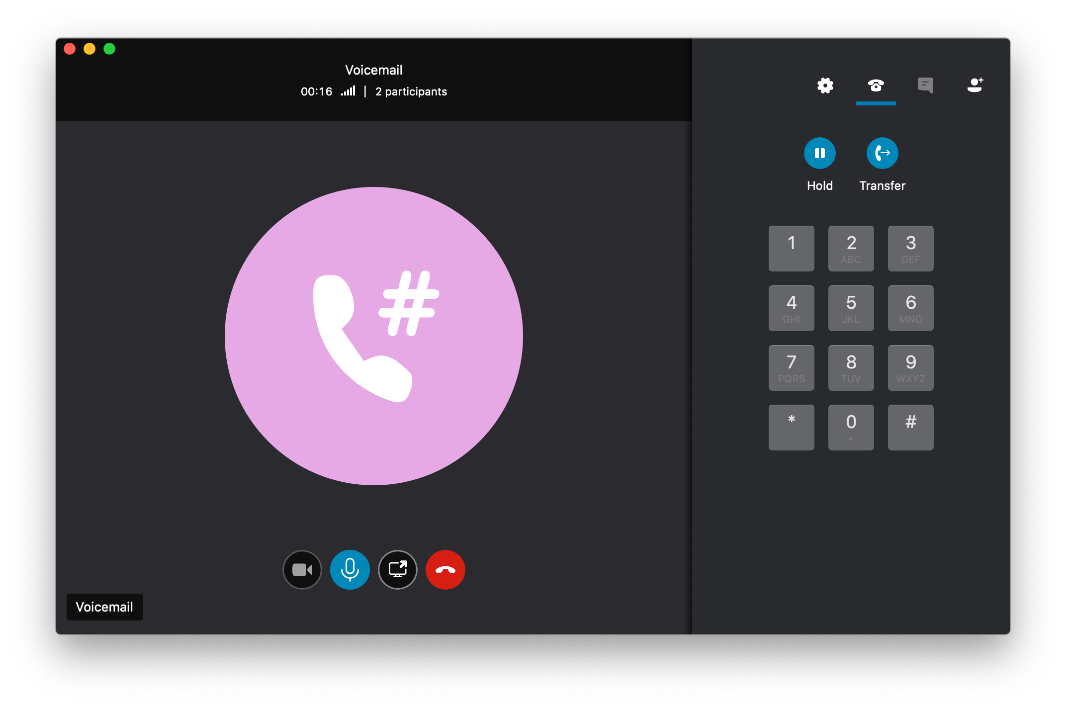 Screenshot of calling voicemail with dialpad open