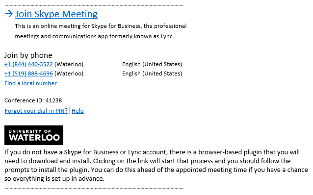 Screen capture of Skype for Business calendar invitation
