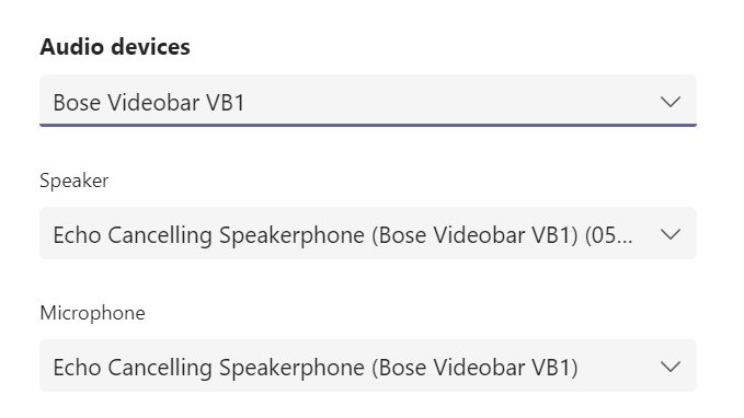 Screenshot of Teams Audio device settings with Videobar VB1 as the device