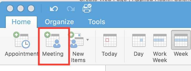 Screen capture of Outlook menu showing location of the Add Meeting button