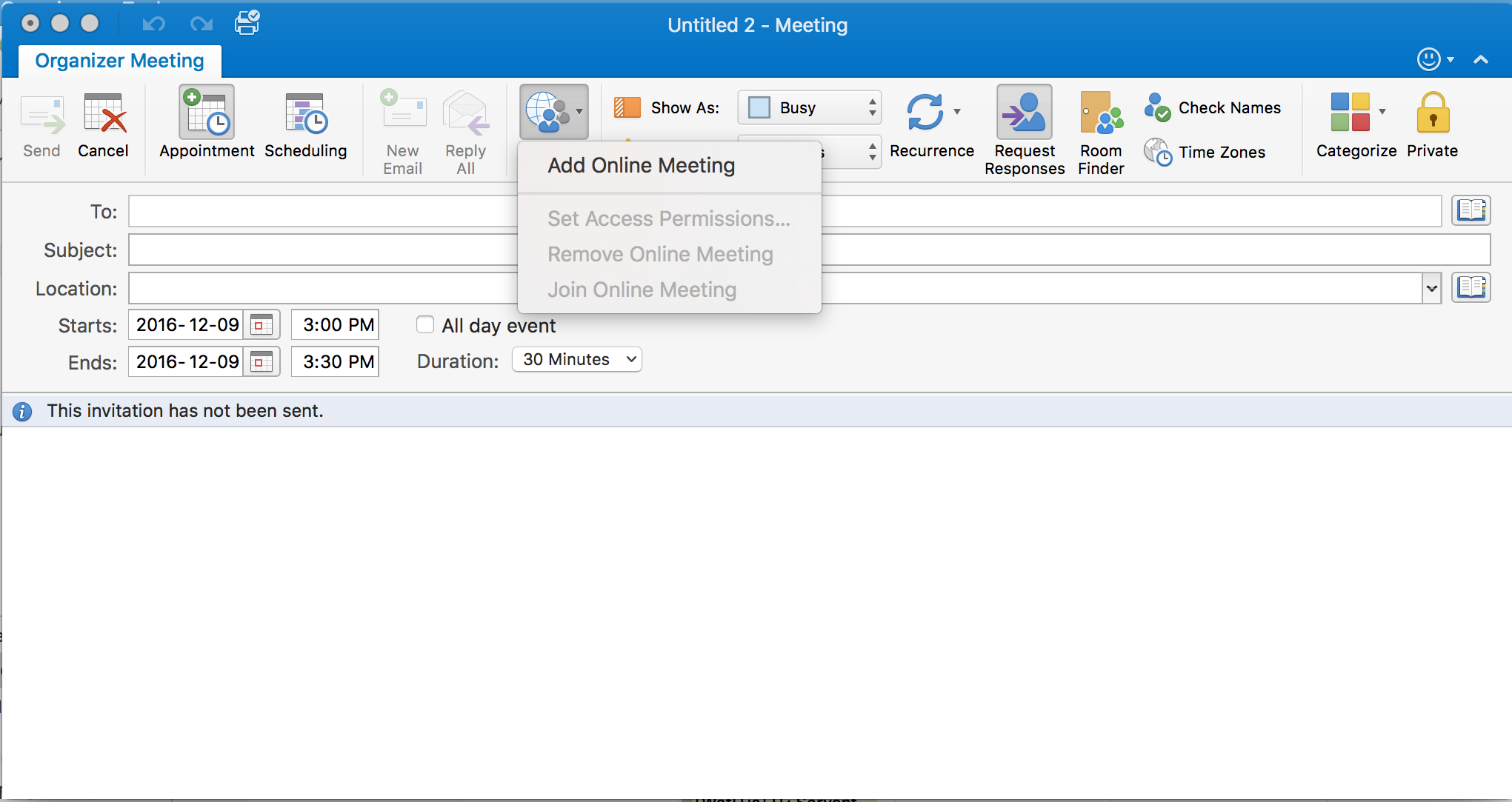 Screen capture showing the Add Online Meeting option selected