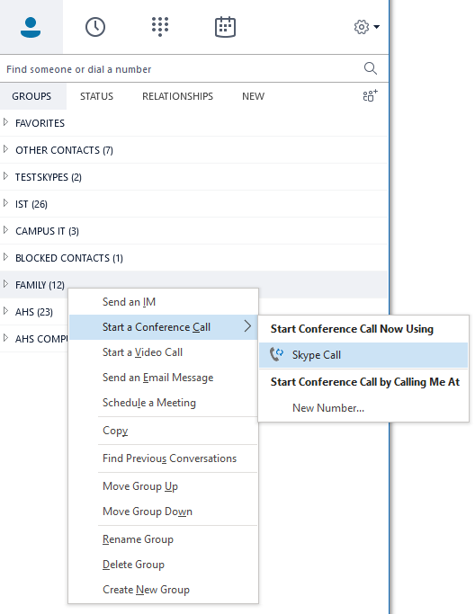 screenshot on steps to start a conference call using a group