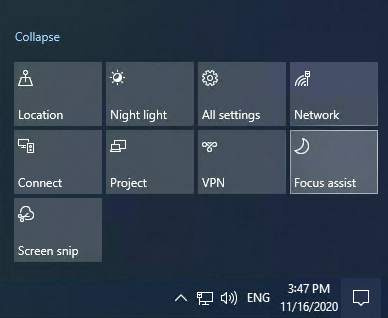 Screenshot of the Focus Assist icon in the Action Center