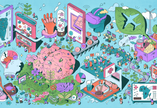 Illustrated collage of a brain and people being healthy.