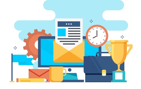 Illustrated collage of computer letter clock suitcase trophy cup and pencil.