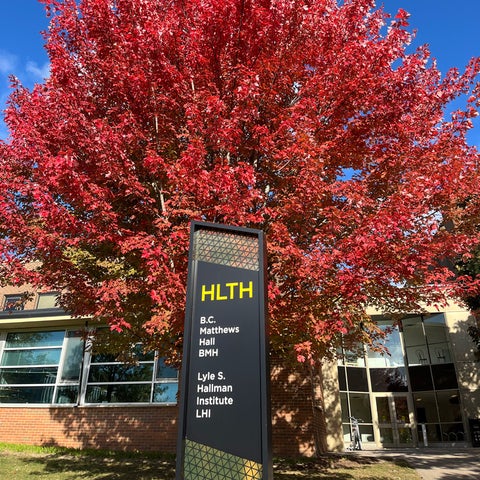 Health buildings sign on campus near B.C. Matthews Hall.