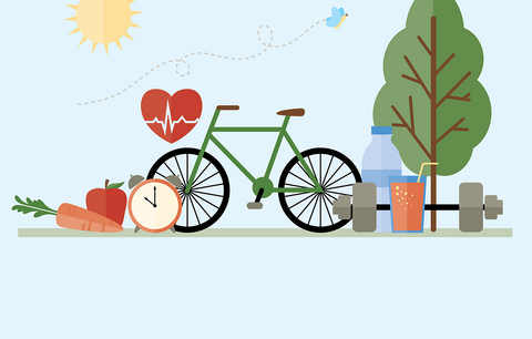 Bike sun water healthy food.