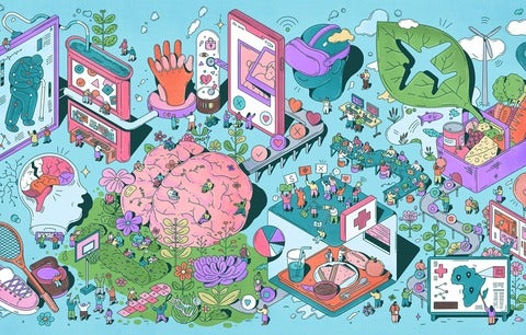 Illustrated collage of biological, environmental and societal aspects of health.