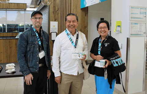 Dean Lili Liu with alumni Jim Kile and Albert Wong.