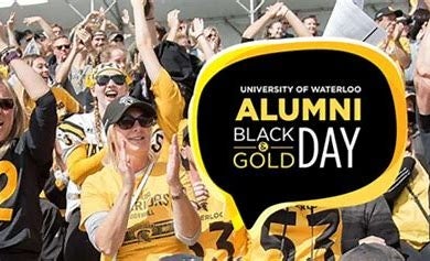 Black and gold day speech bubble surrounded by alumni in stadium