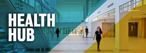 Health Hub colour banner with students walking through Health building.