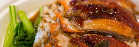 Roast duck on a bed of rice.