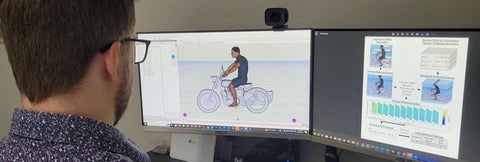 Justin Davidson using a digital human model to analyze the posture of a motorcycle rider.