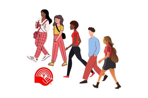 Illustration of people walking and wearing red, with United Way logo.