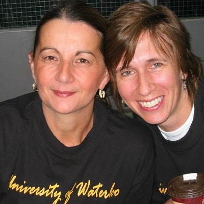 Two females in University of Waterloo t-shirts smiling