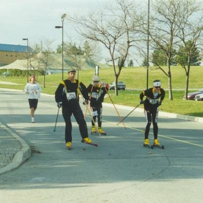 Three group of people dressed as ski riders. 