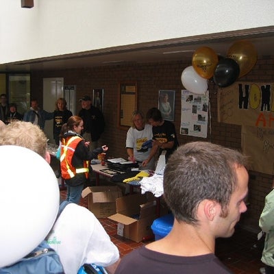 A group selling merchandise at Applied Health Sciences building