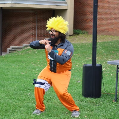 Naruto costume posing with jutsu hand sign