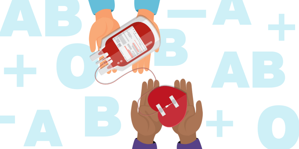 Hands holding blood bag connected to a heart by a tube and kneedle held by another set of hands.