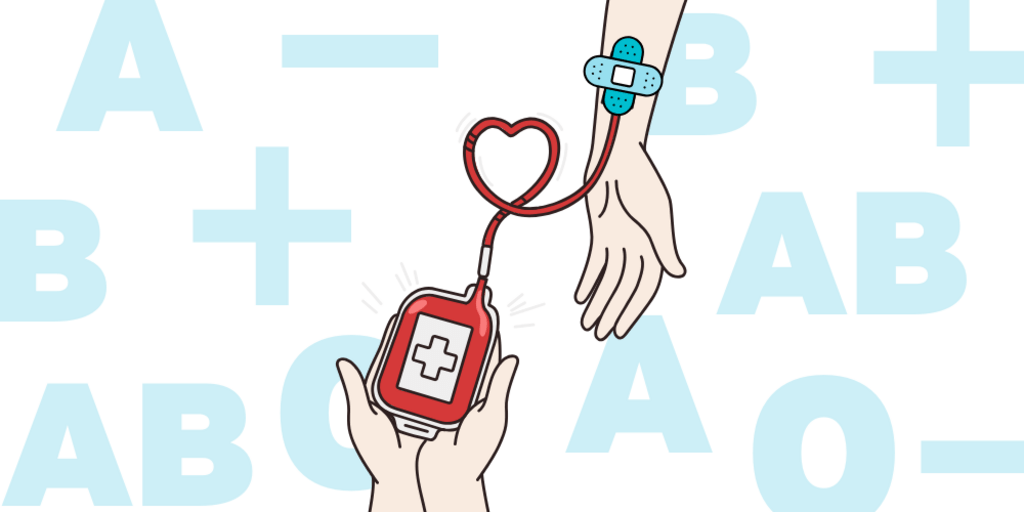 Hand holding a blood bag connected to another arm by a wire shaped like a heart