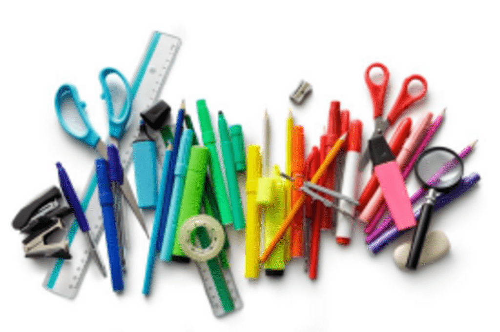 craft supplies such as markers and scissors in a variety of colours