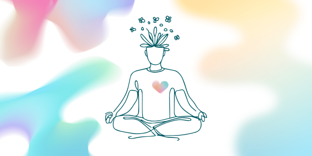 A person sits cross-legged amidst swirling, colorful abstract shapes.