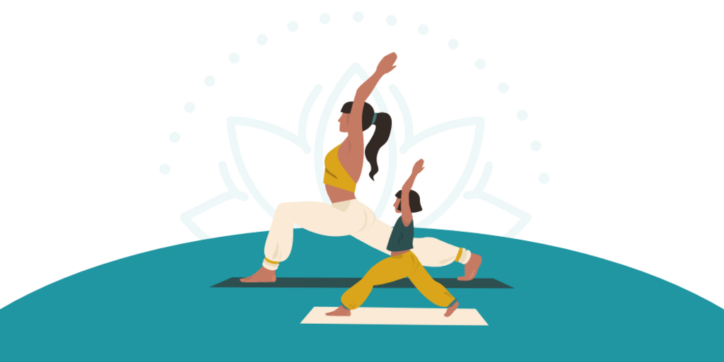 Two cartoon characters lunging on yoga mats