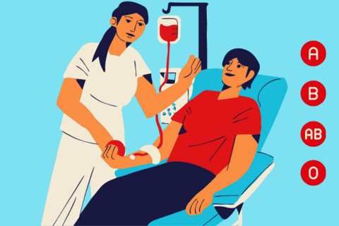 Nurse helps set-up person who is laying on medical table to donate blood