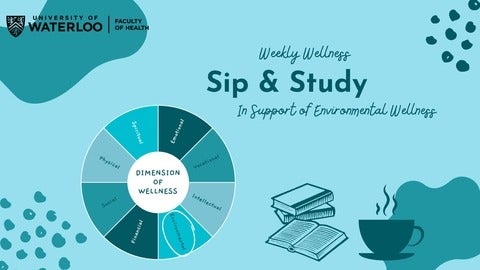 Wellness wheel, text says 'Weekly Wellness, Sip & Study, In support of Environmental Wellness'