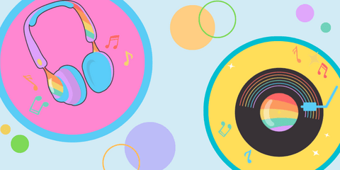Colourful circles with rainbow headpones and vinyl