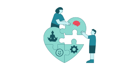 Illustration of students putting puzzle pieces together to form a heart.