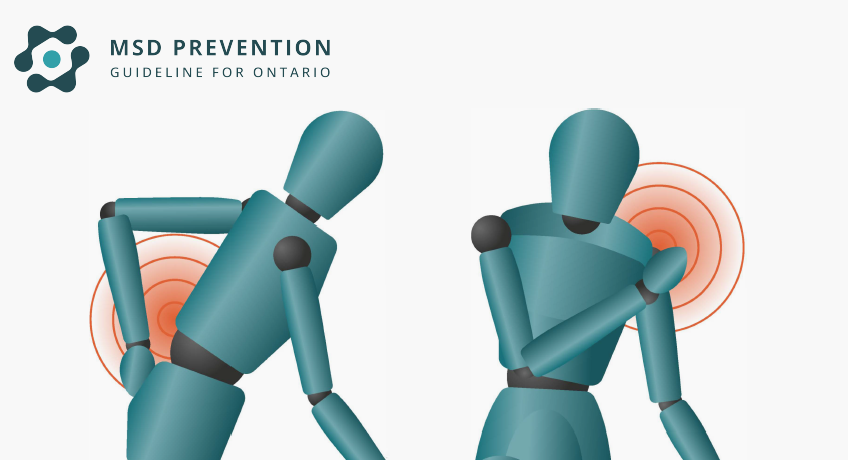 Text reads: MSD prevention guideline for Ontario, with two human avatars depicting pain in the lower back and shoulder.