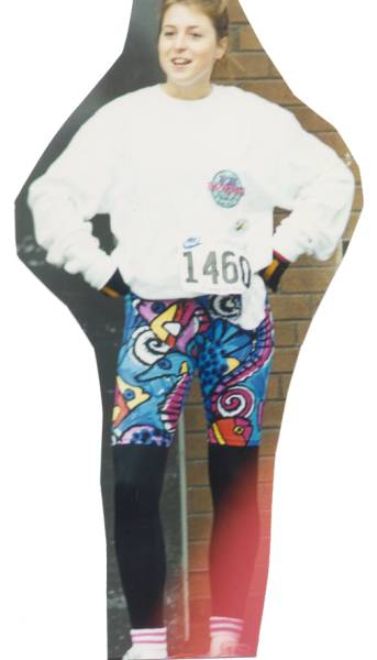 Female participant with fancy blue pants with drawings