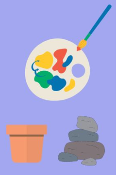 Cartoon depictions of an artist's palette, a pot and a pile of rocks.