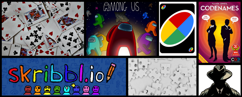 Collage of popular games, including Uno, Codenames, and Among Us