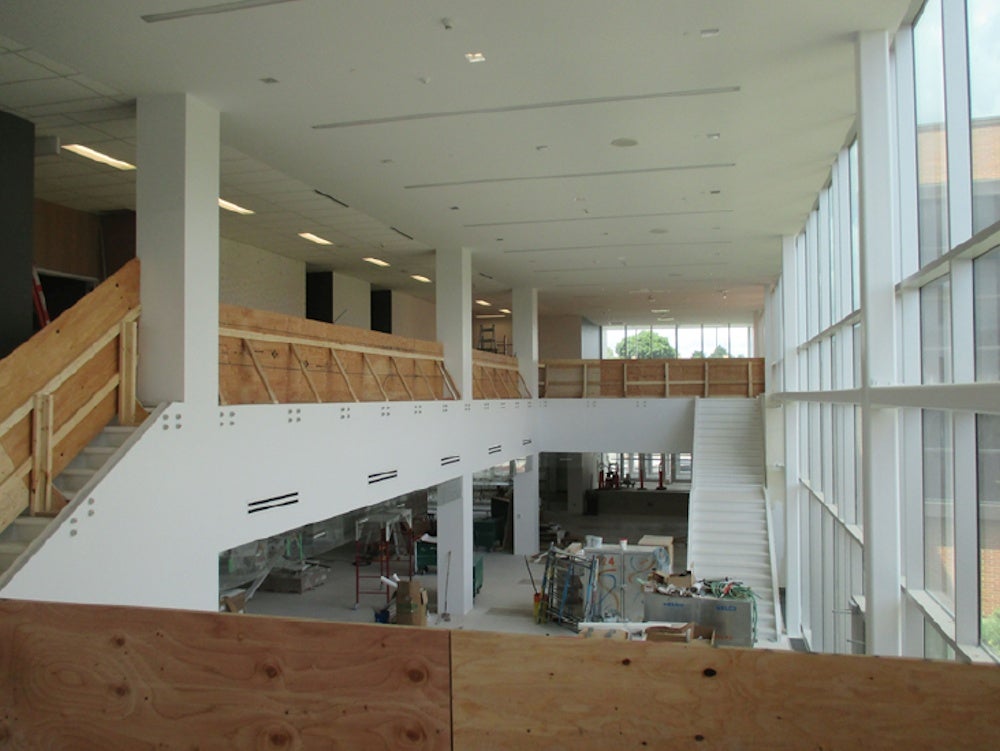 The atrium with temporary wood guards.
