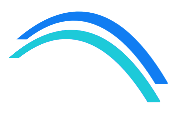 Stylized bridge icon with one teal line arc and one blue arc.