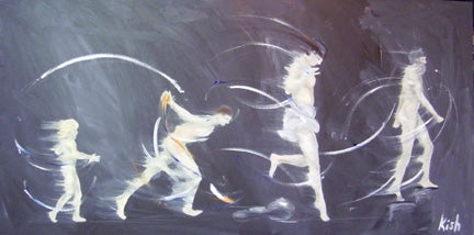painting of children and adults in motion 