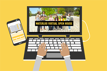 Illustrated laptop with Waterloo Virtual Open House on the screen