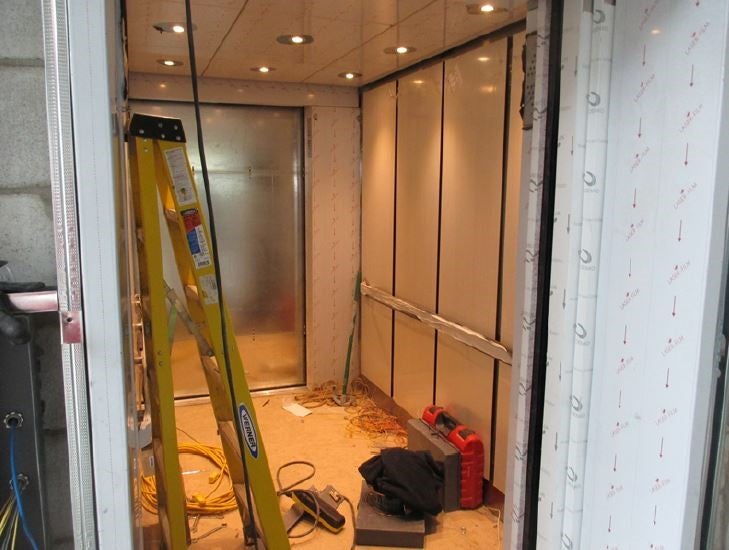 Interior of elevator under construction.