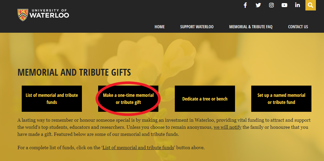 Instructions to select make a one time memorial or tribute gift