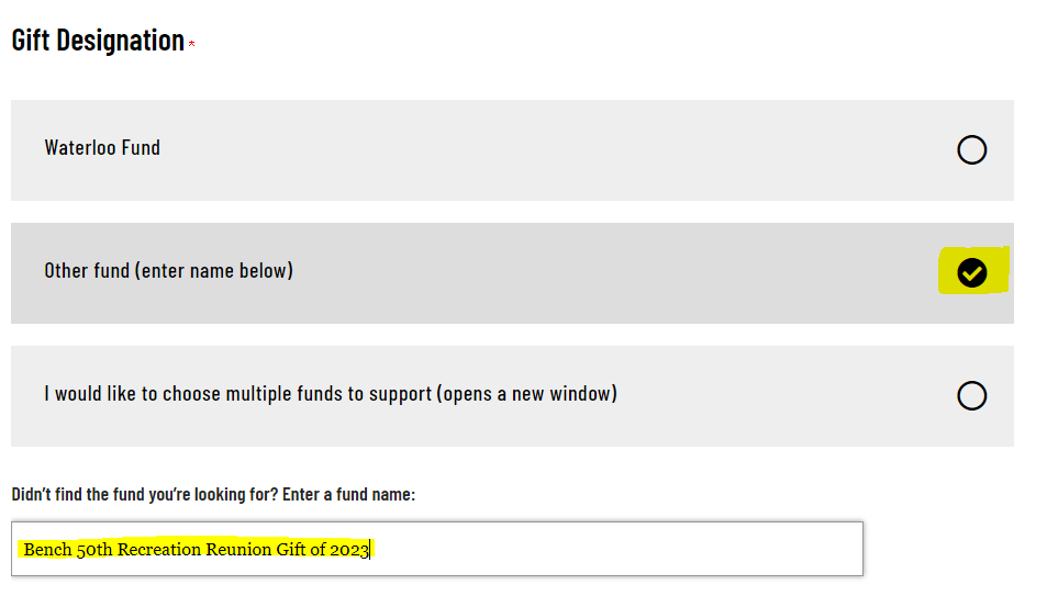 Gift designation instructions to select other fund