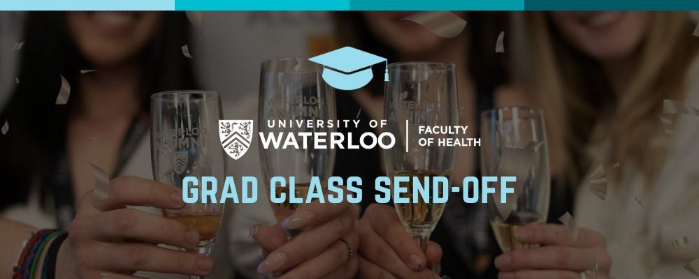 Grad Class Send Off Banner with students holding Waterloo Alumni champagne glasses