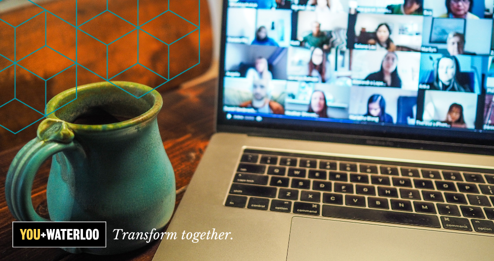Virtual meeting on laptop and teal colour mug